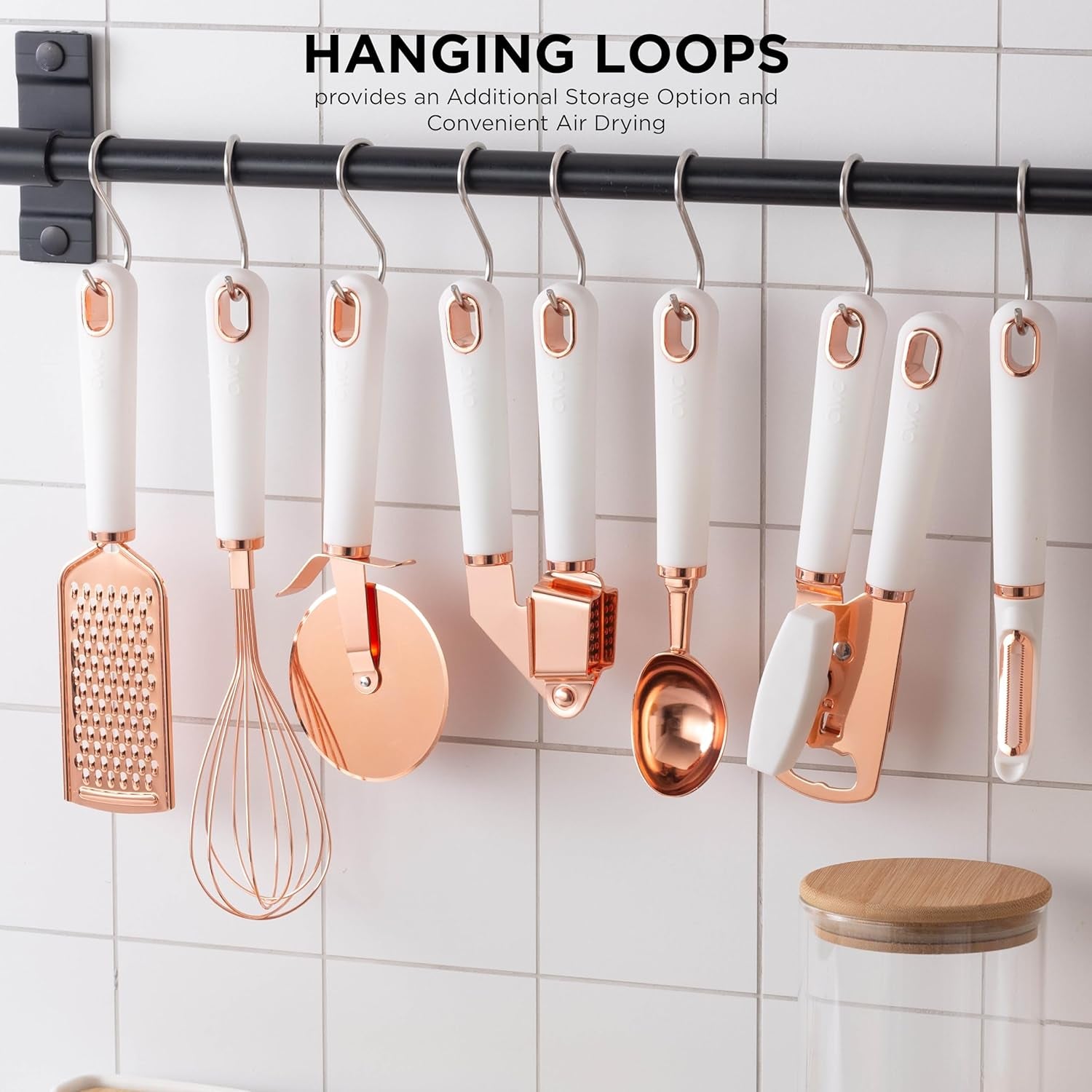 7 Pc Kitchen Gadget Set Copper Coated Stainless Steel Utensils with Soft Touch White Handles